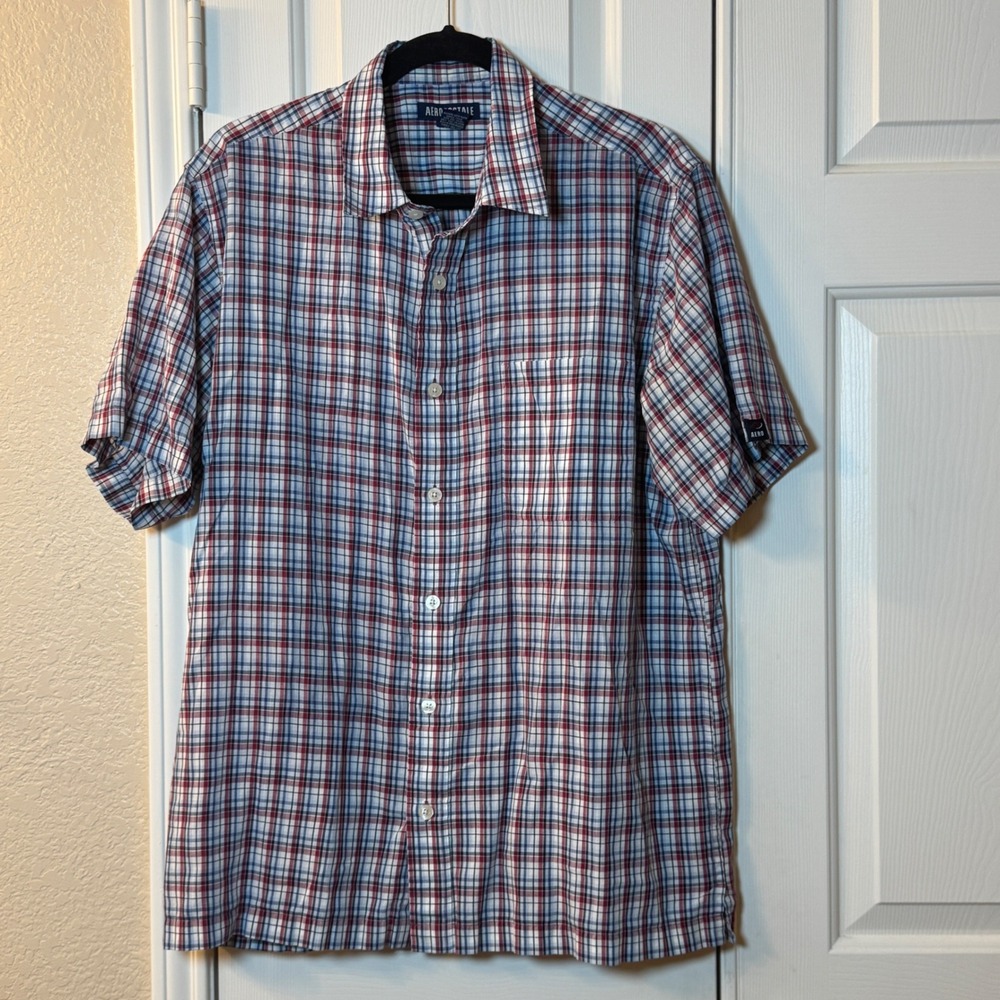 Aeropostale Men's White, Red, & Navy Plaid Short Sleeve Button Up Shirt Size Lg